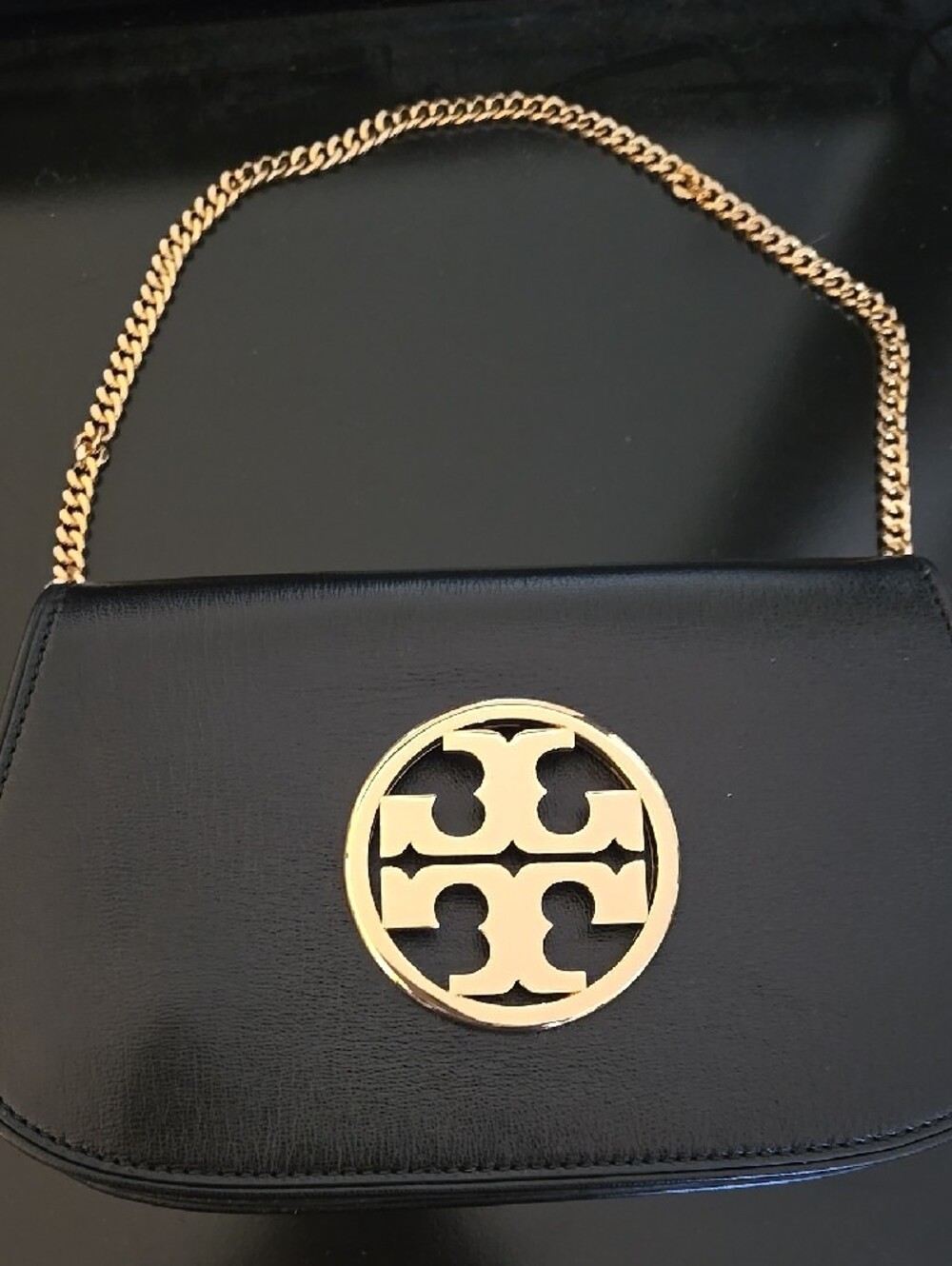 Tory Burch Black Leather Clutch with Gold Logo - Picture 2 of 6